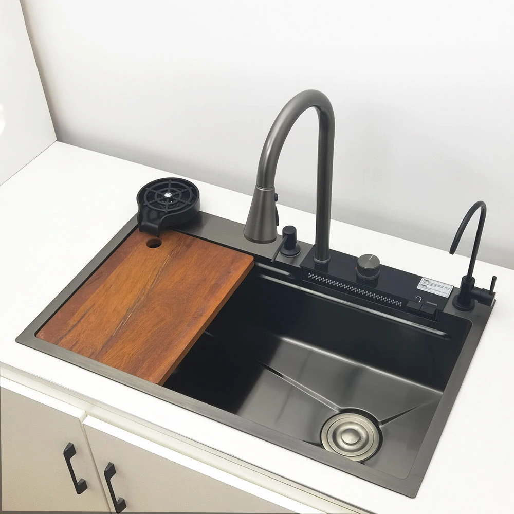 LED Waterfall Kitchen Sink 304 Stainless Steel Sink Large Single Basin With Multifunction Waterfall Faucet Above Counter