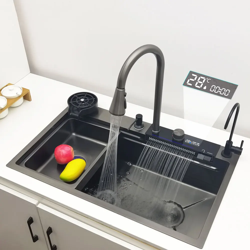 LED Waterfall Kitchen Sink 304 Stainless Steel Sink Large Single Basin With Multifunction Waterfall Faucet Above Counter