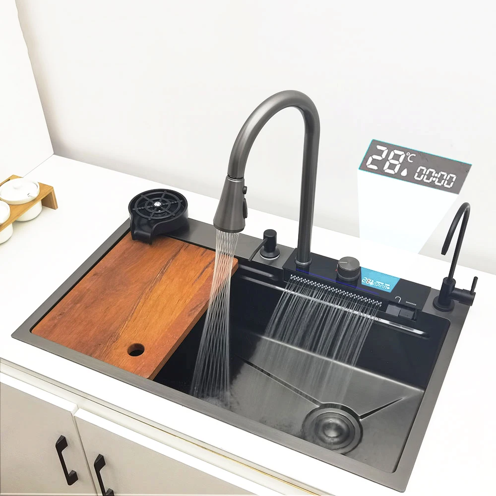 LED Waterfall Kitchen Sink 304 Stainless Steel Sink Large Single Basin With Multifunction Waterfall Faucet Above Counter