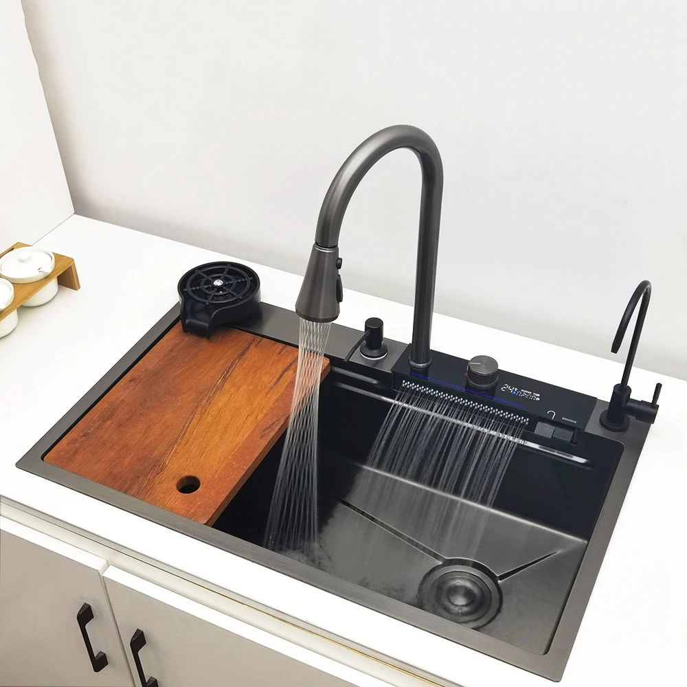 LED Waterfall Kitchen Sink 304 Stainless Steel Sink Large Single Basin With Multifunction Waterfall Faucet Above Counter