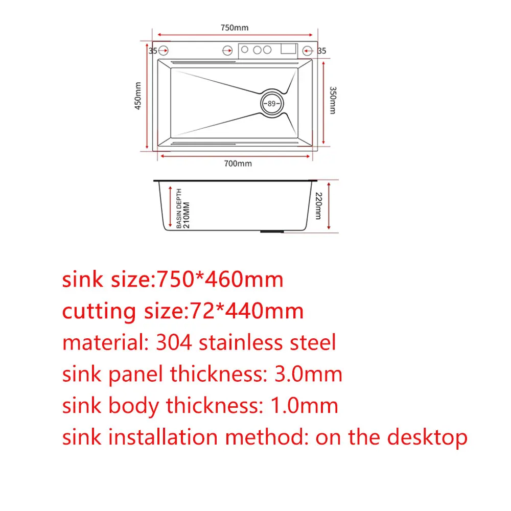 LED Waterfall Kitchen Sink 304 Stainless Steel Sink Large Single Basin With Multifunction Waterfall Faucet Above Counter