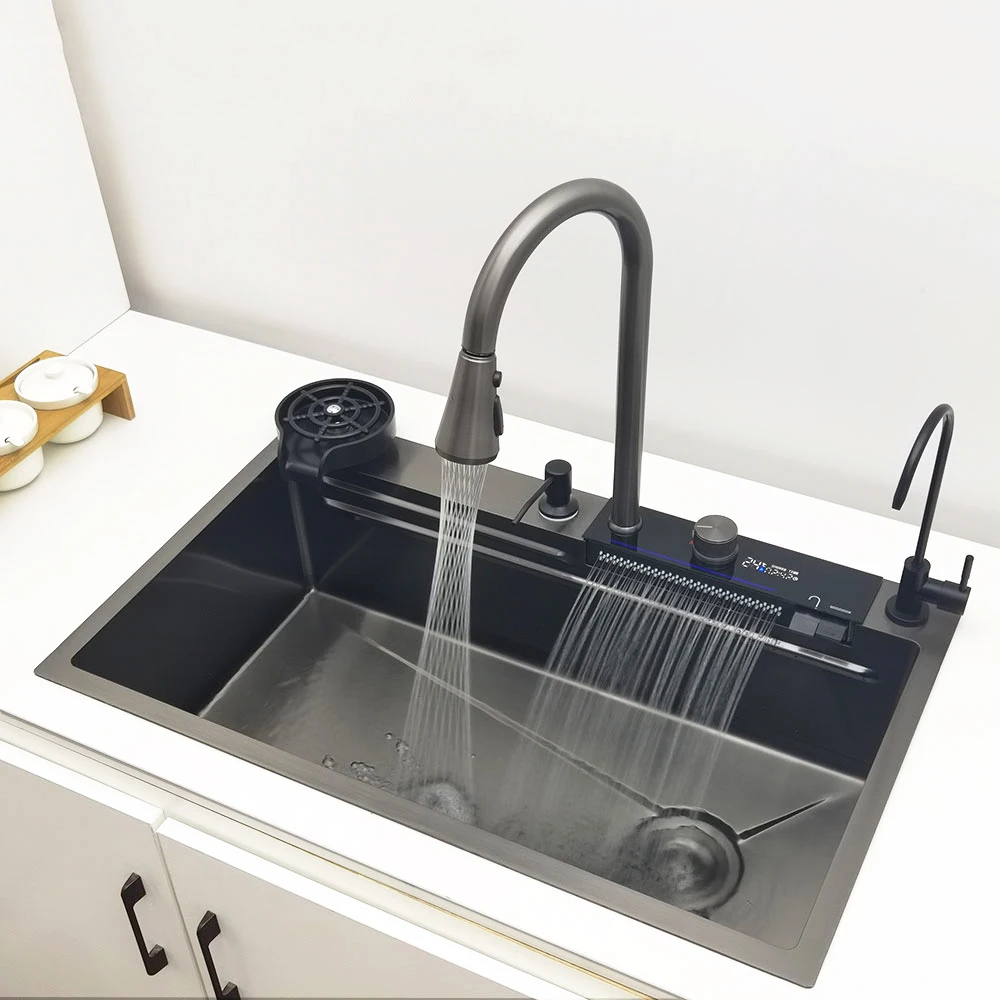 LED Waterfall Kitchen Sink 304 Stainless Steel Sink Large Single Basin With Multifunction Waterfall Faucet Above Counter