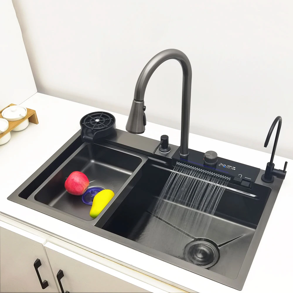 LED Waterfall Kitchen Sink 304 Stainless Steel Sink Large Single Basin With Multifunction Waterfall Faucet Above Counter