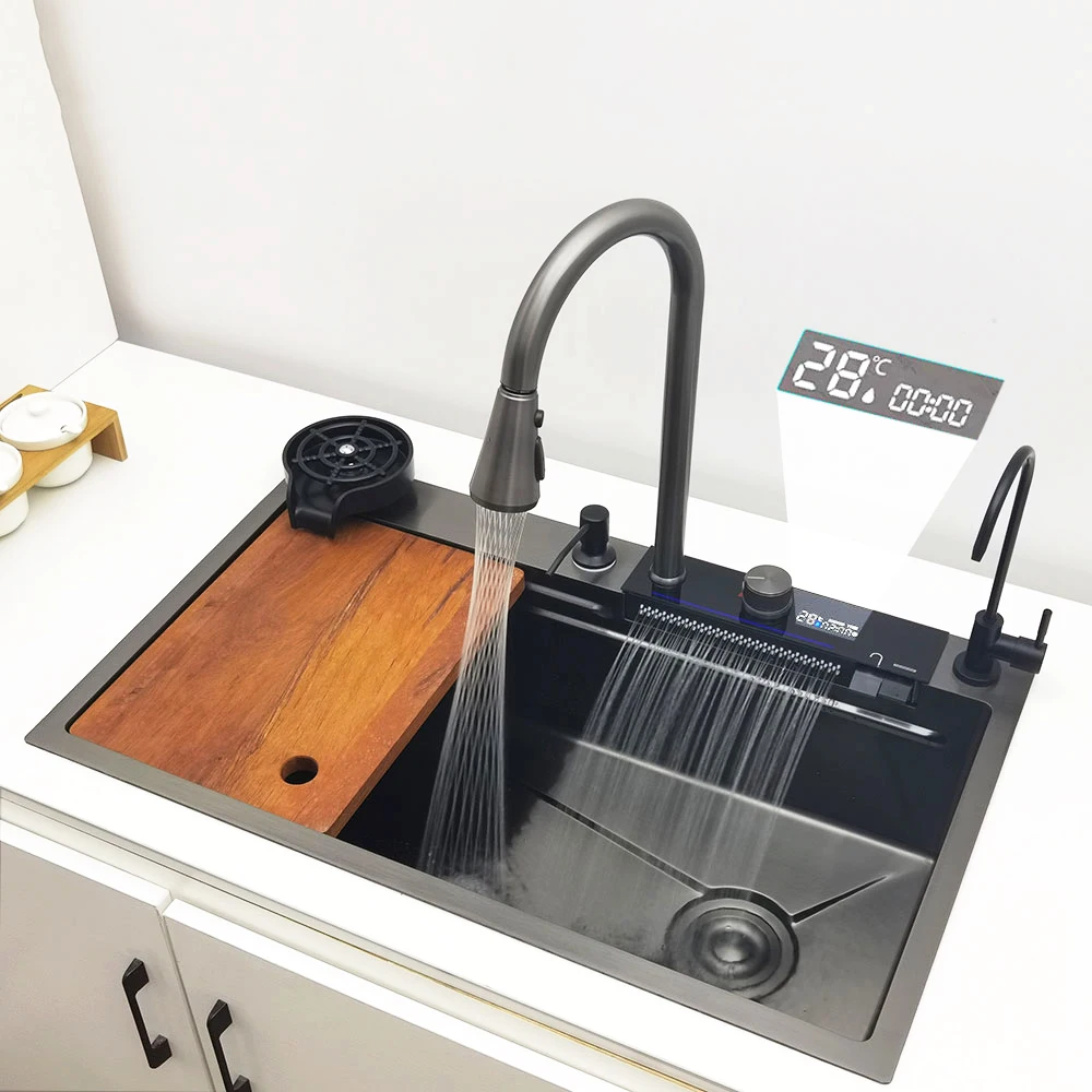 LED Waterfall Kitchen Sink 304 Stainless Steel Sink Large Single Basin With Multifunction Waterfall Faucet Above Counter
