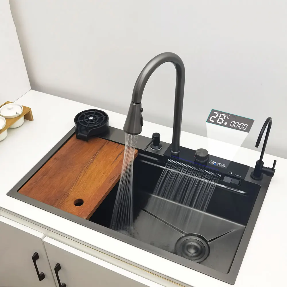 LED Waterfall Kitchen Sink 304 Stainless Steel Sink Large Single Basin With Multifunction Waterfall Faucet Above Counter