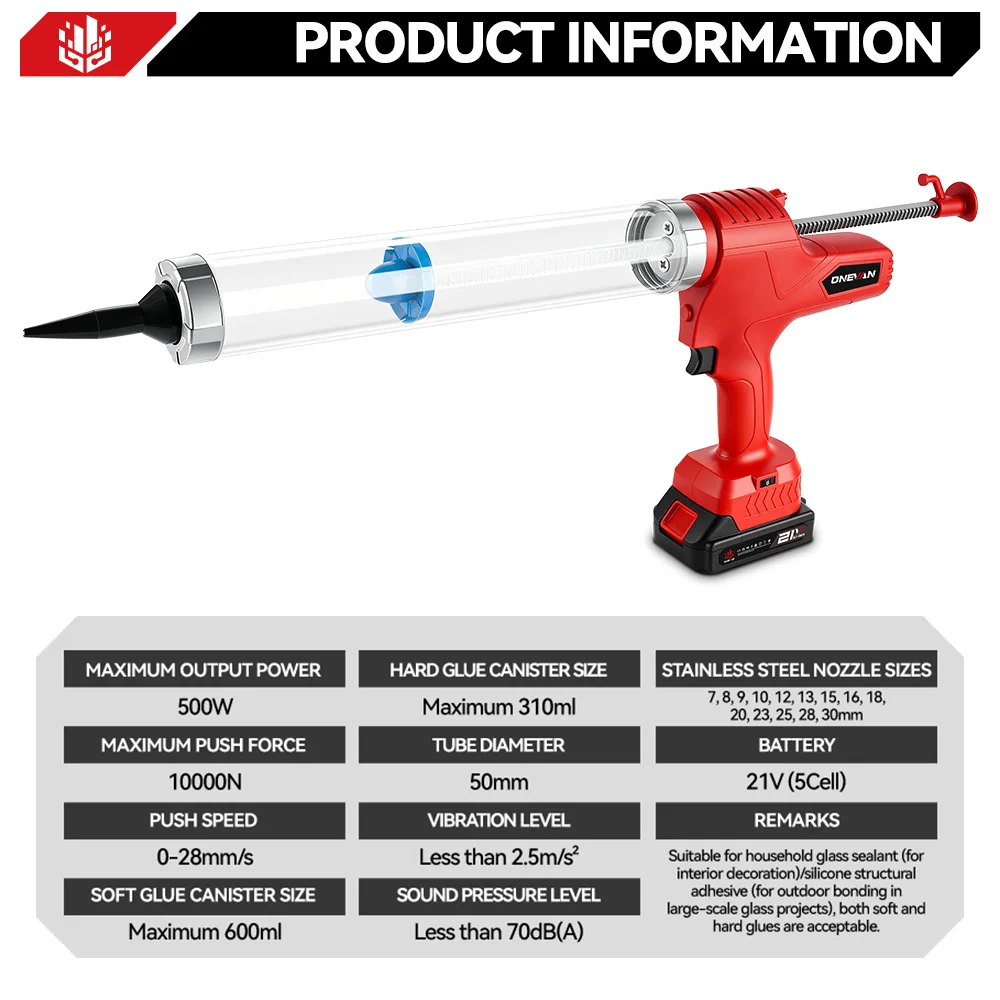 ONEVAN 50MM Electric Glass Gun 14 Nozzles Cordless Caulking Glass Gun Houeshold Gap Filling Power Tools For Makita Battery Pin