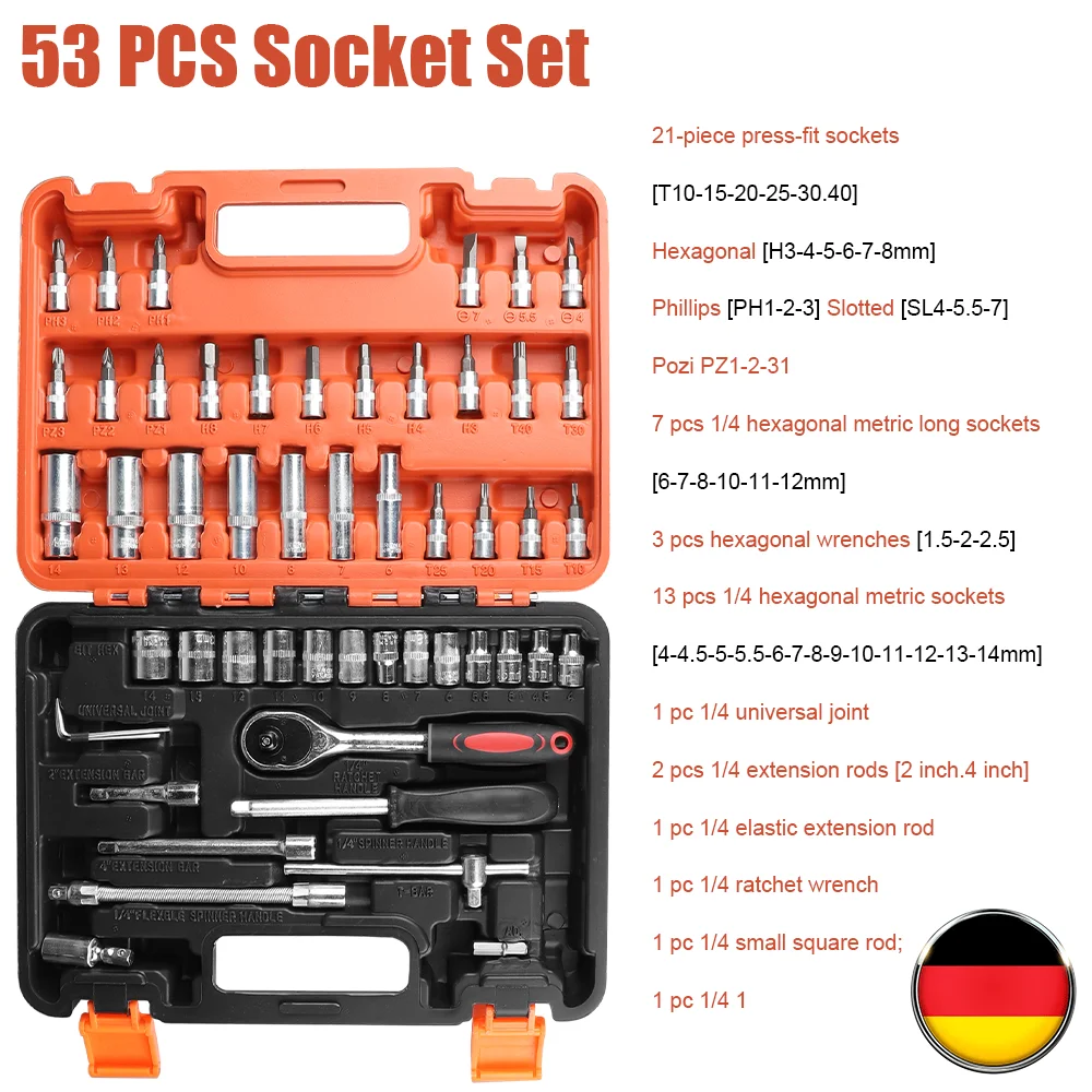 53pcs Ratchet Wrench Set Car Repair Tool Kit Ratchet Torque Wrench Combo Kit 1/4 Ratchet Spanner Screwdriver Bits Hand Tool
