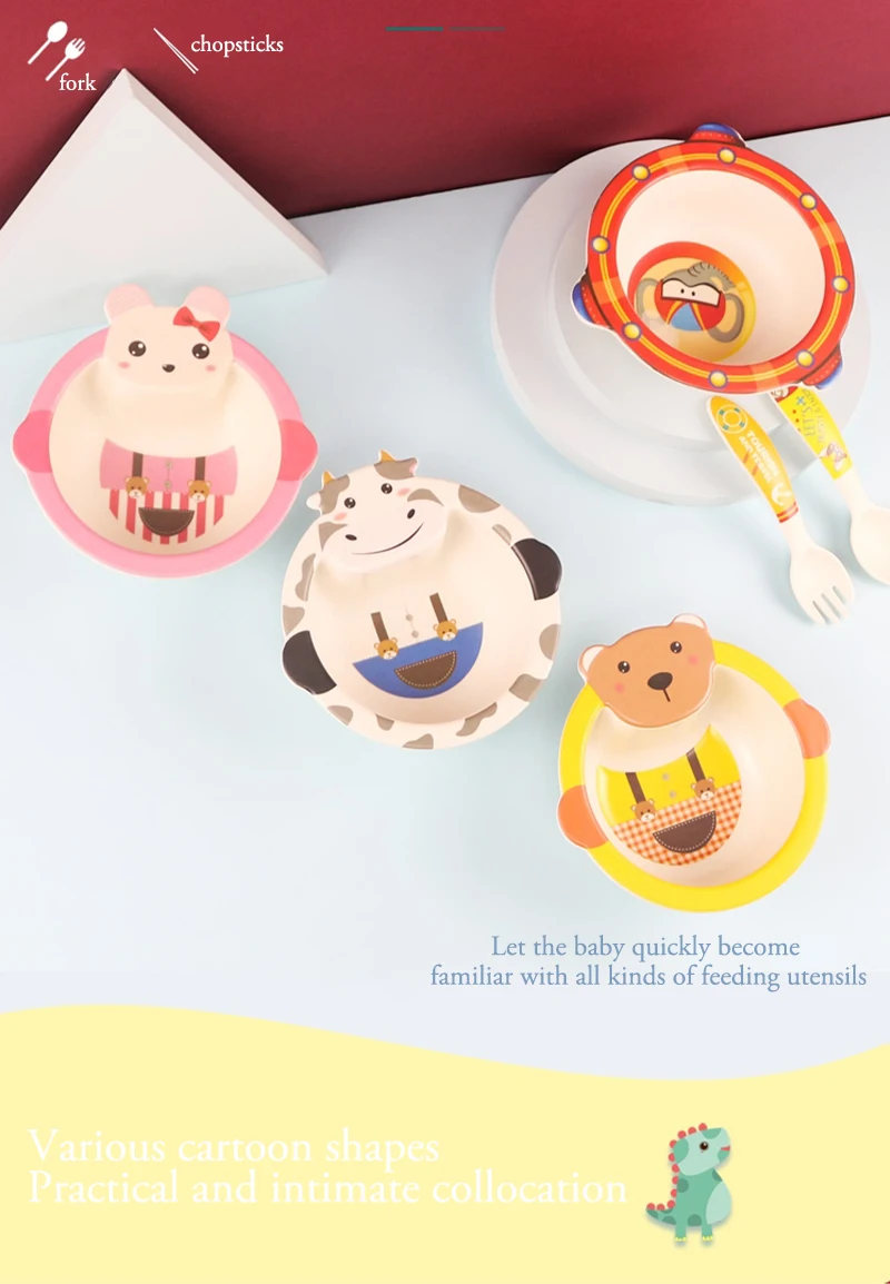 Baby Natural Bamboo Fiber Tableware Bowl Baby Feeding Plate Children Cute Cartoon Bowl Set