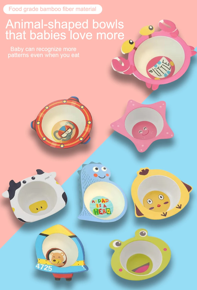 Baby Natural Bamboo Fiber Tableware Bowl Baby Feeding Plate Children Cute Cartoon Bowl Set