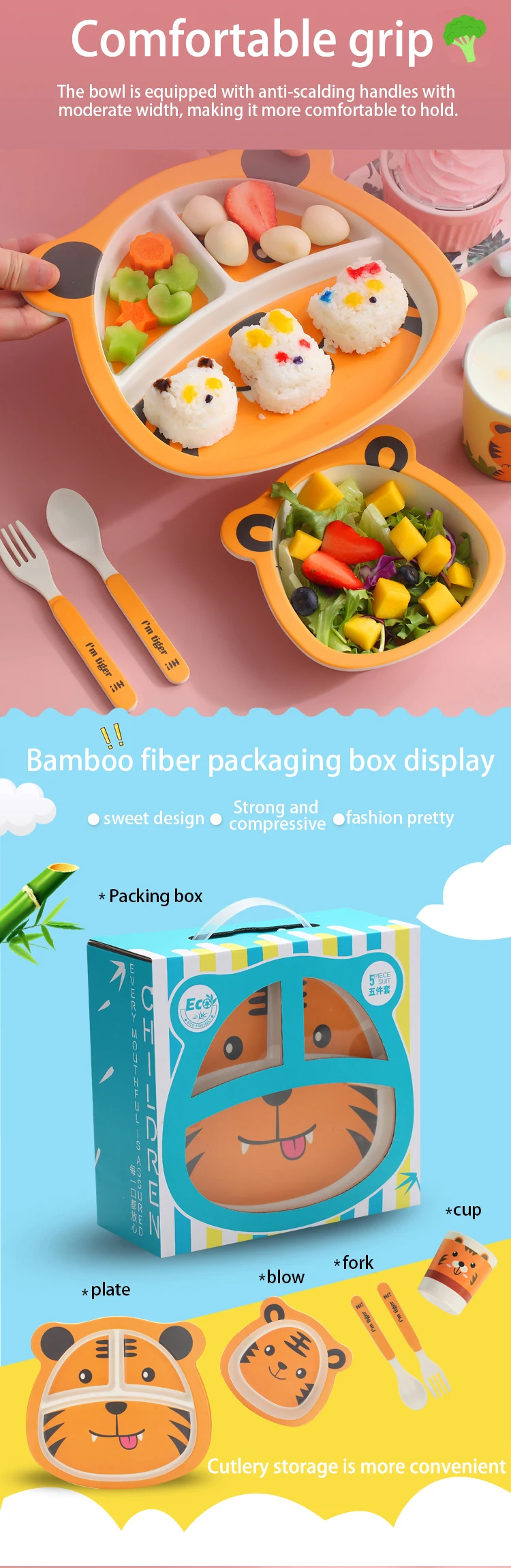 Baby Natural Bamboo Fiber Tableware Bowl Baby Feeding Plate Children Cute Cartoon Bowl Set