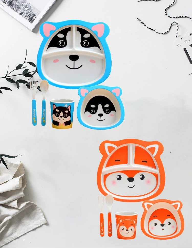 Baby Natural Bamboo Fiber Tableware Bowl Baby Feeding Plate Children Cute Cartoon Bowl Set