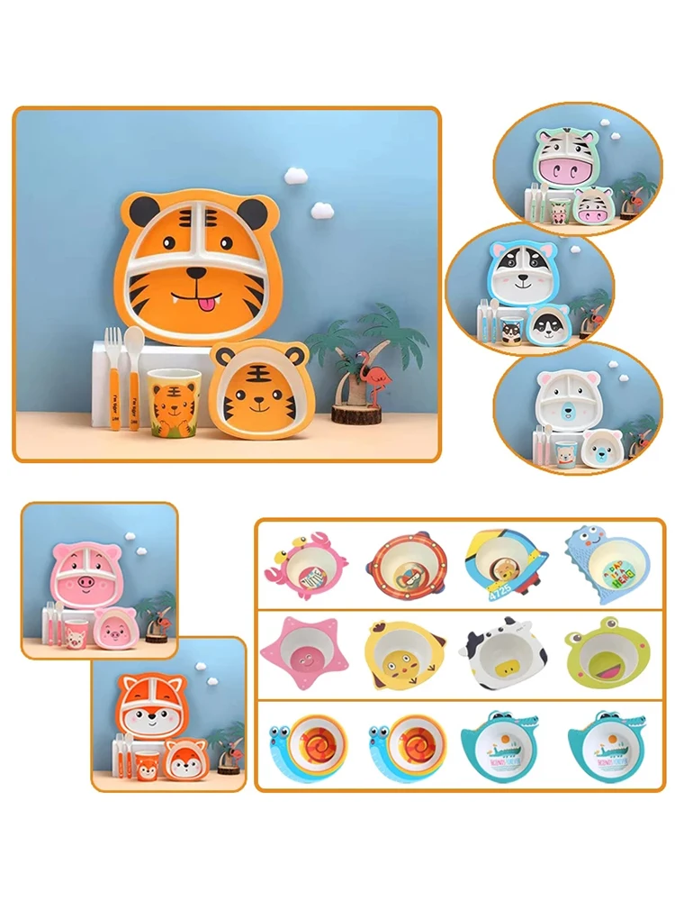 Baby Natural Bamboo Fiber Tableware Bowl Baby Feeding Plate Children Cute Cartoon Bowl Set