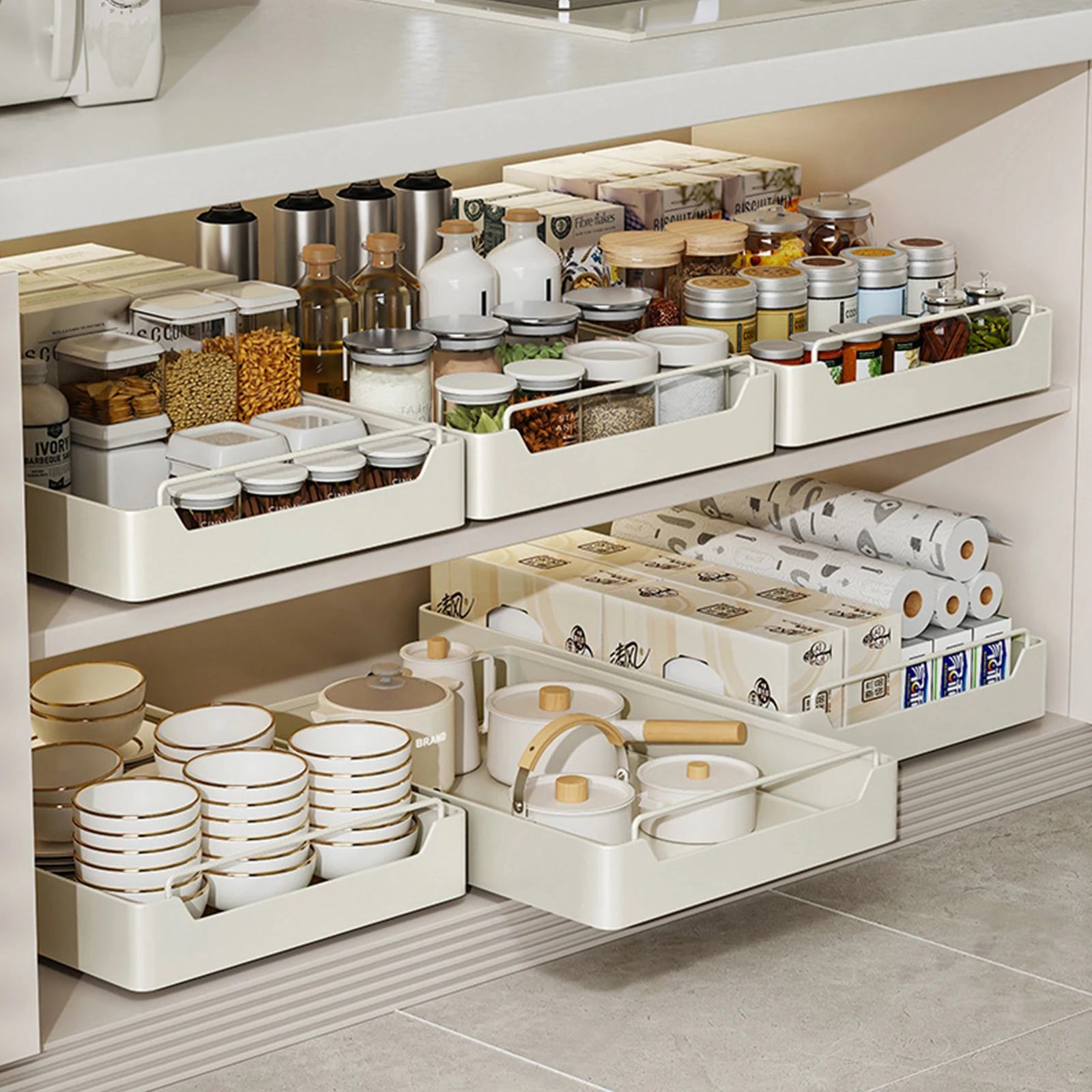 Kitchen Storage Rack with Slide Rails Pull-Out Kitchen Drawer Type Storage Tray Spice Box Storage Rack Cabinets Organizer
