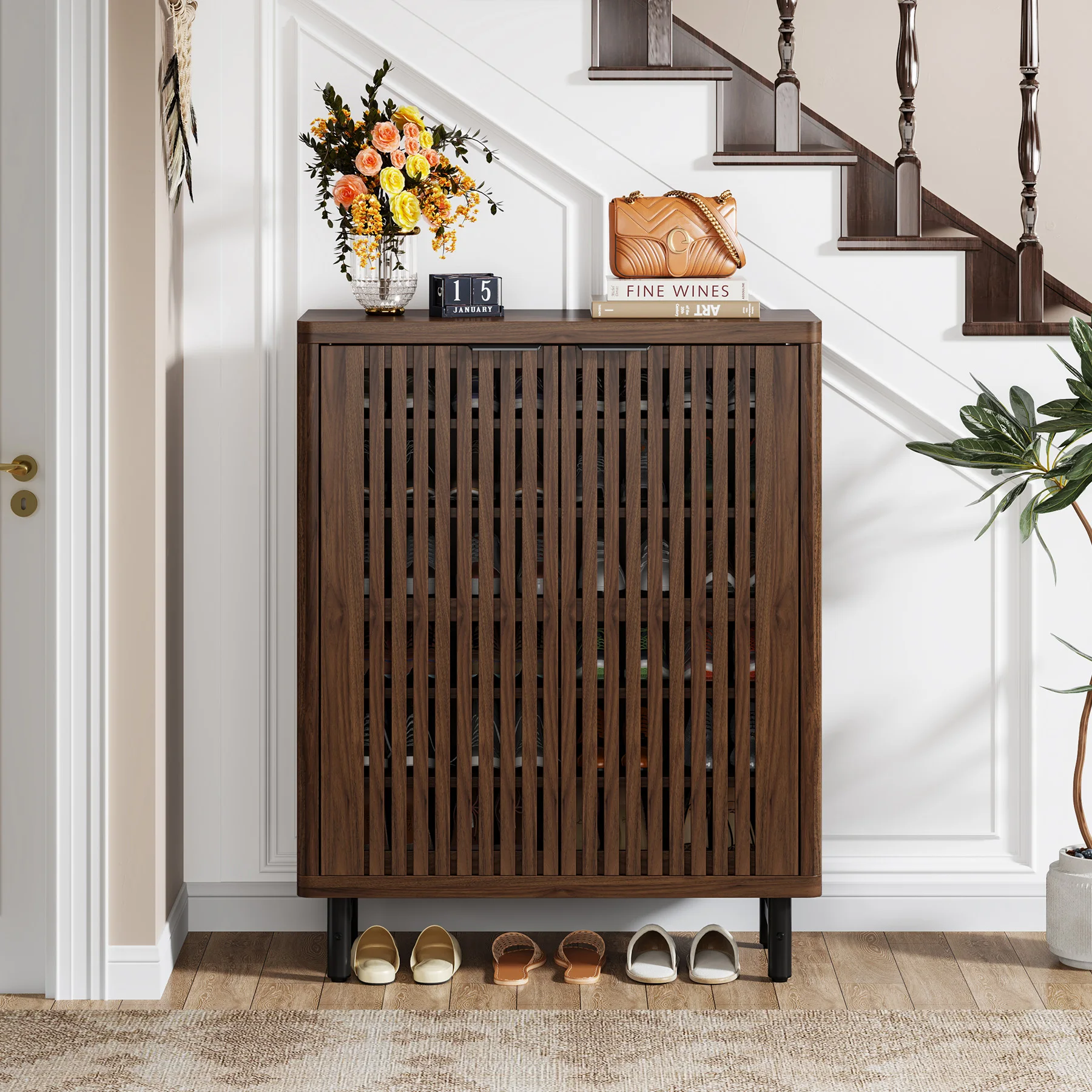 Tribesigns 6-Tier Shoe Cabinet with Louvered Doors, Large Wooden Shoe Storage Cabinet with Adjustable Shelves