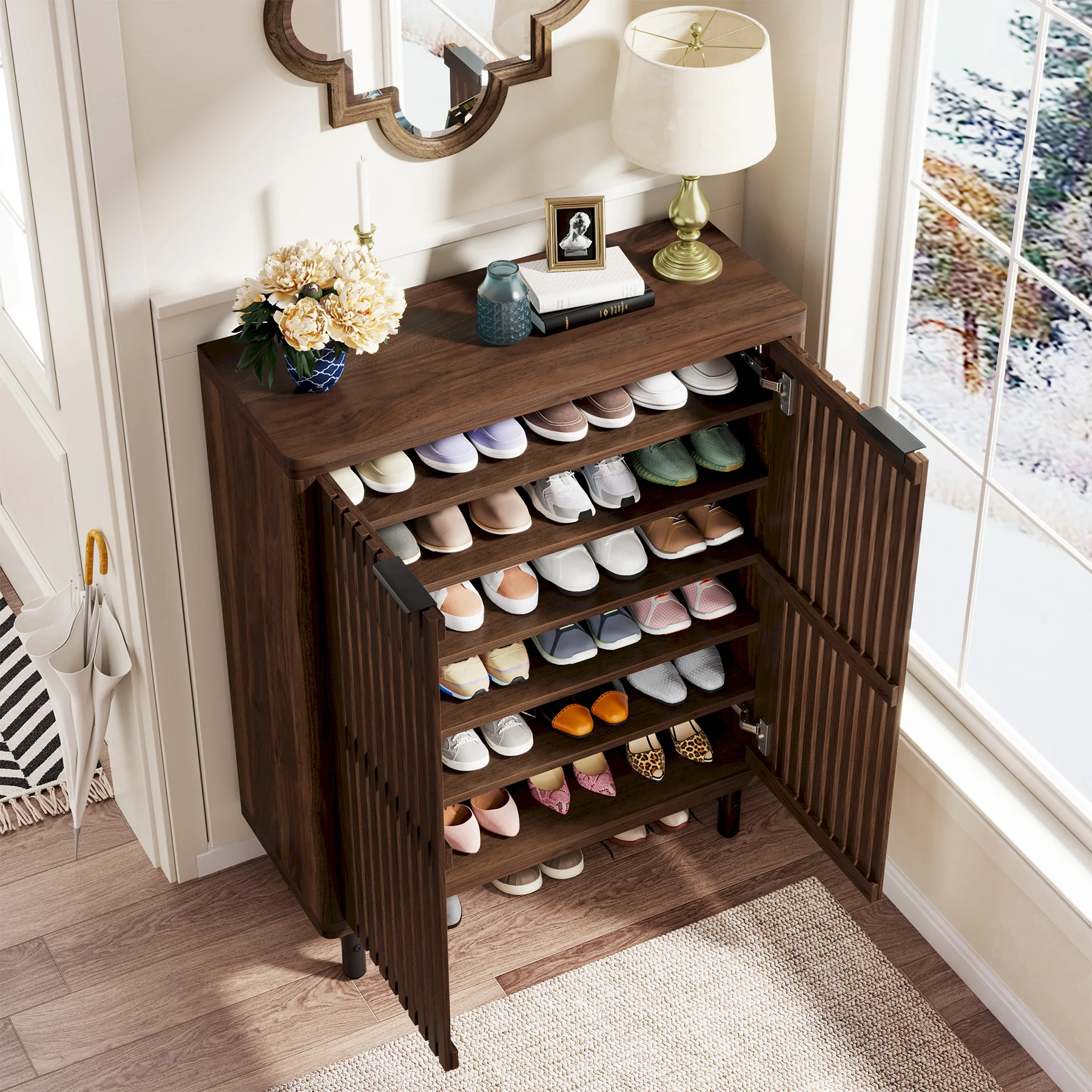 Tribesigns 6-Tier Shoe Cabinet with Louvered Doors, Large Wooden Shoe Storage Cabinet with Adjustable Shelves