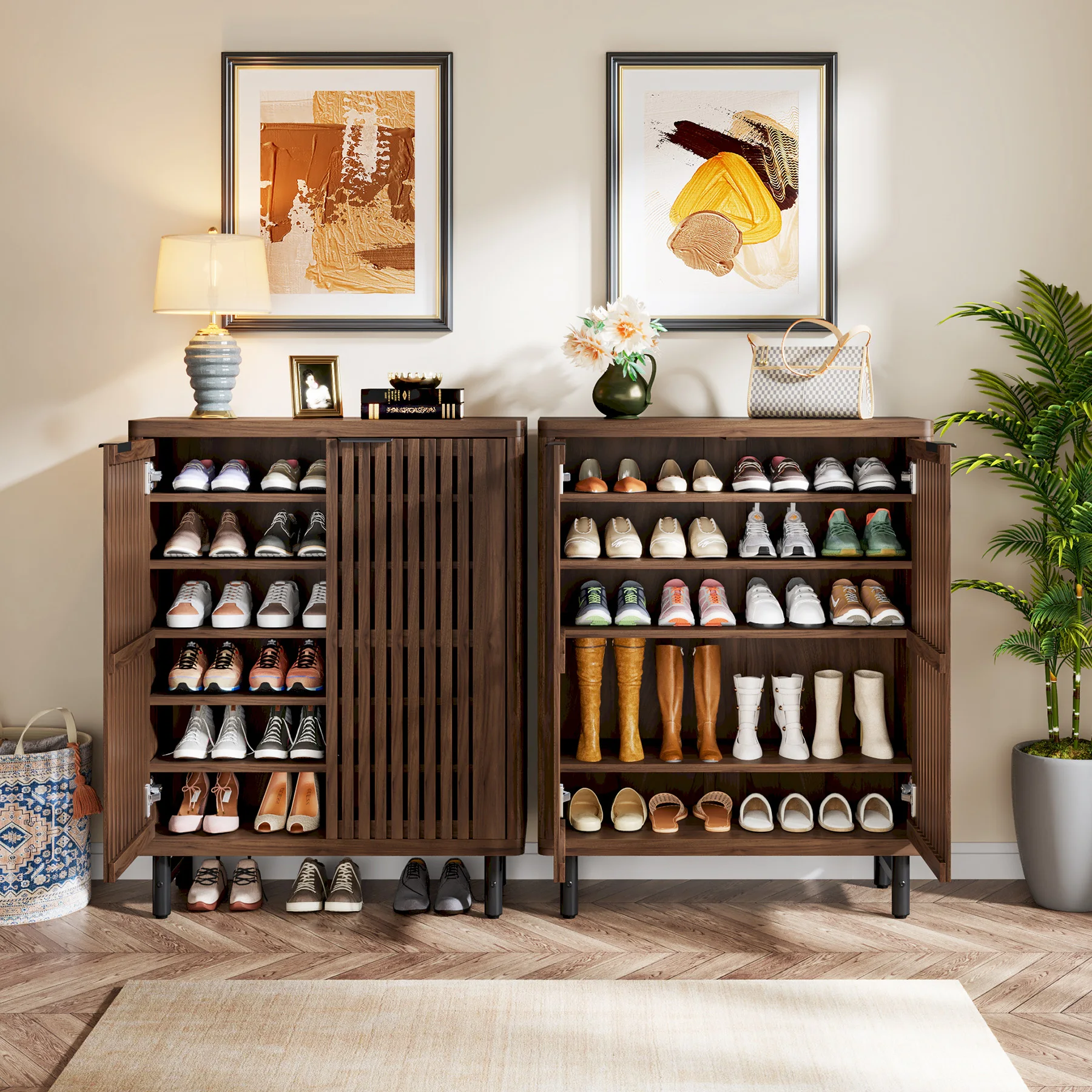 Tribesigns 6-Tier Shoe Cabinet with Louvered Doors, Large Wooden Shoe Storage Cabinet with Adjustable Shelves