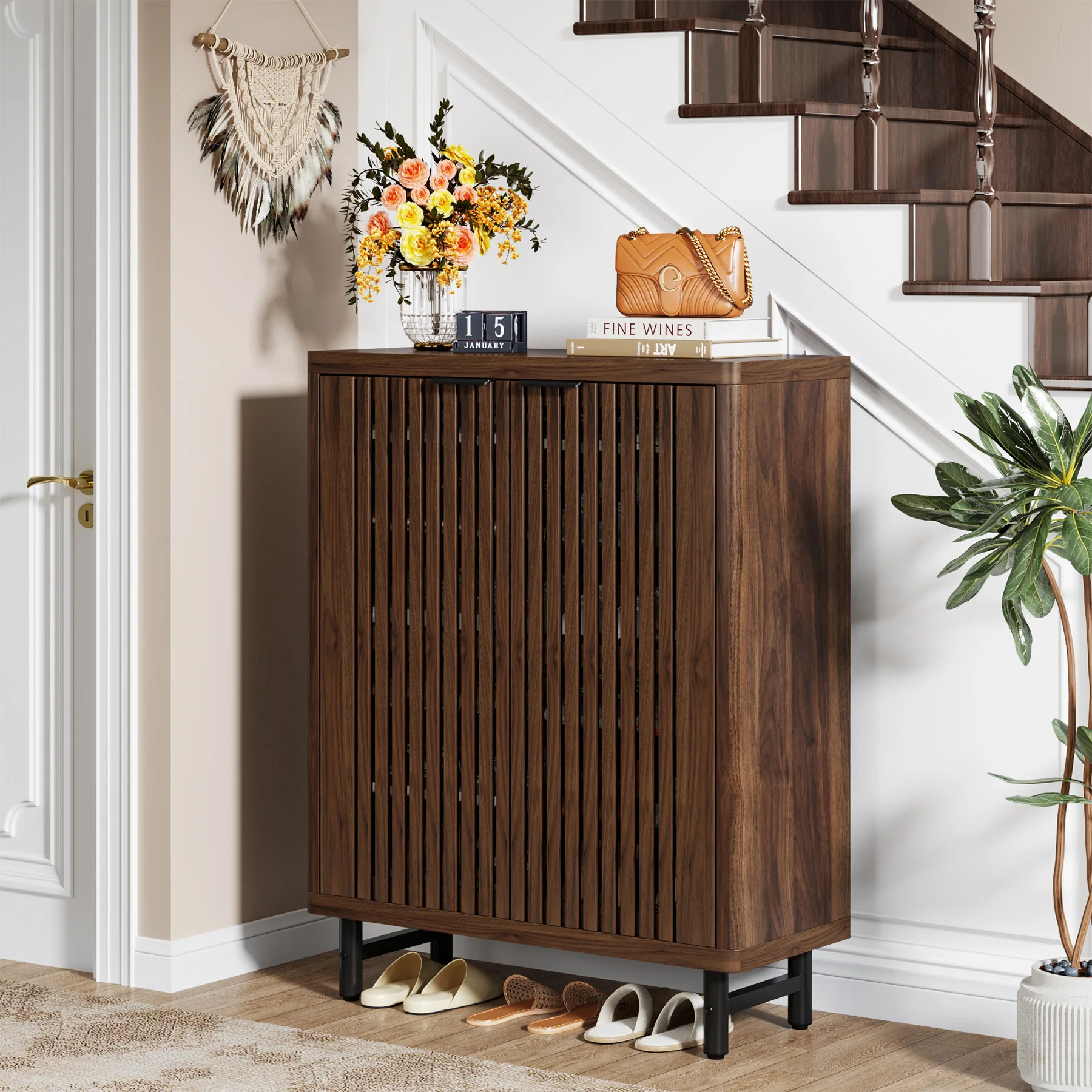 Tribesigns 6-Tier Shoe Cabinet with Louvered Doors, Large Wooden Shoe Storage Cabinet with Adjustable Shelves
