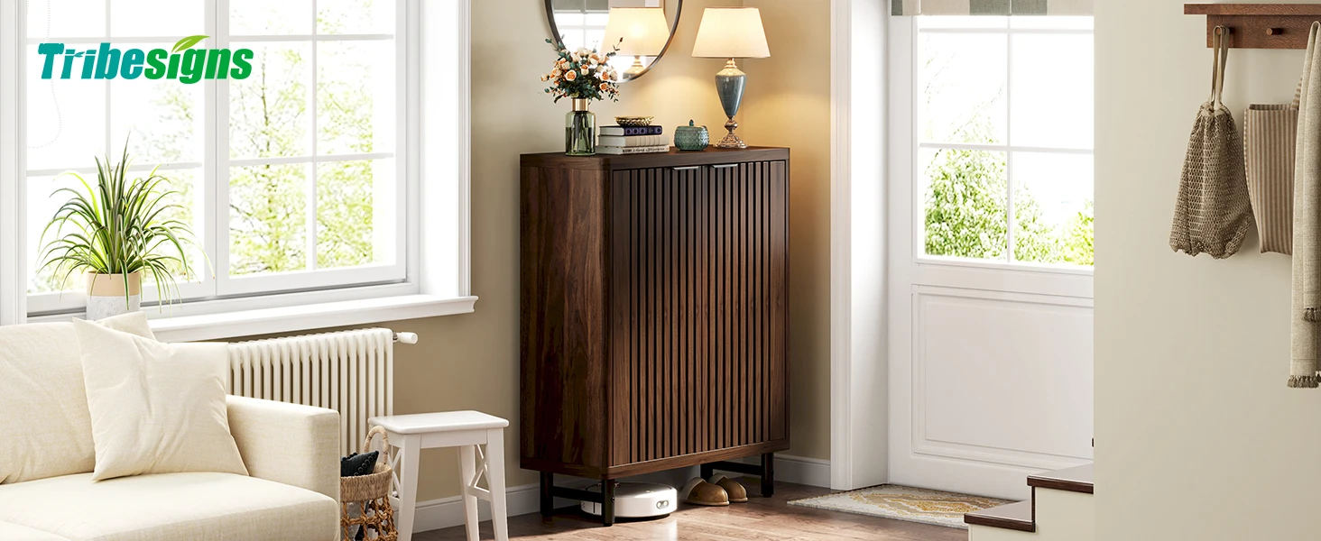 Tribesigns 6-Tier Shoe Cabinet with Louvered Doors, Large Wooden Shoe Storage Cabinet with Adjustable Shelves