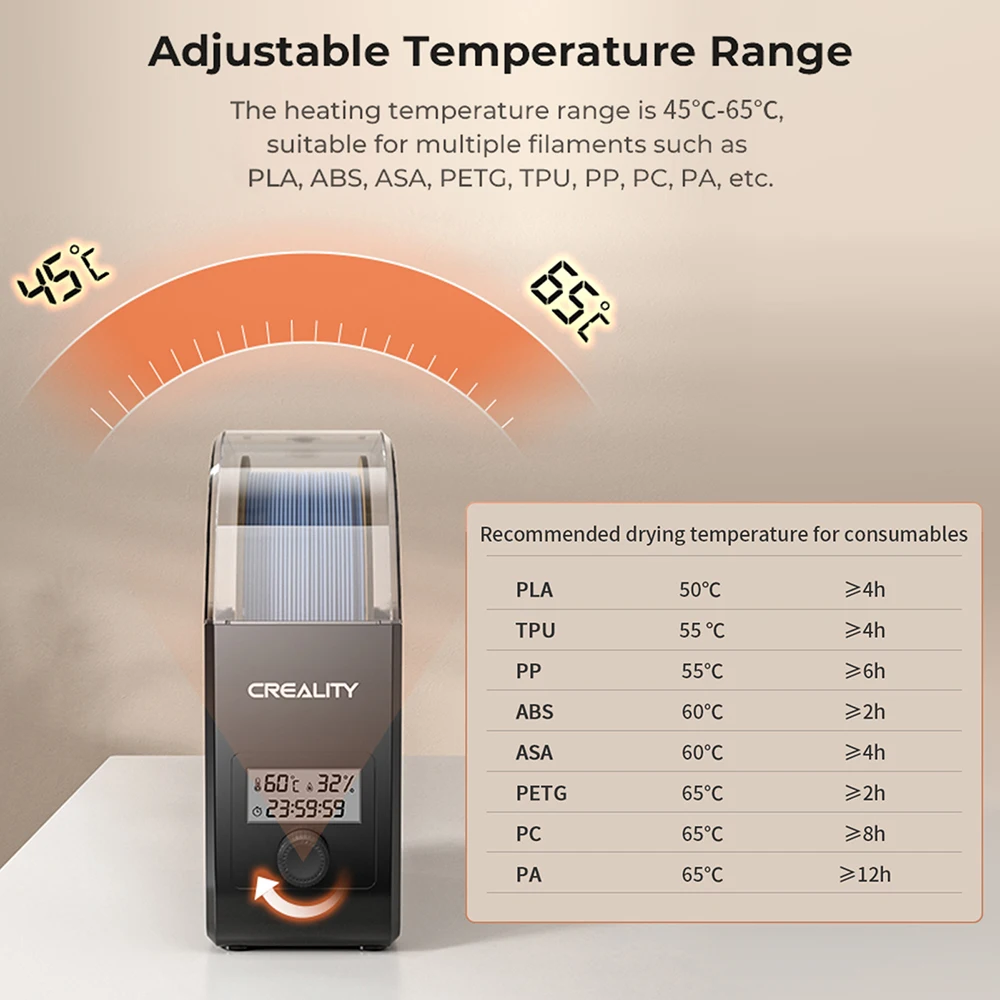 Creality Filament Dryer Box 2.0 360° Hot-air Heating 1.75mm and 2.85mm Filaments Support 24 Hours Timer Real-time Humidity
