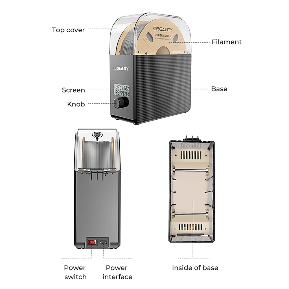 Creality Filament Dryer Box 2.0 360° Hot-air Heating 1.75mm and 2.85mm Filaments Support 24 Hours Timer Real-time Humidity
