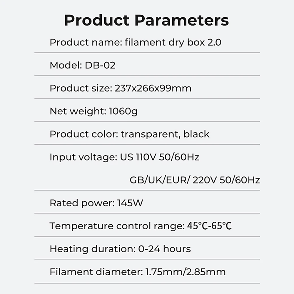Creality Filament Dryer Box 2.0 360° Hot-air Heating 1.75mm and 2.85mm Filaments Support 24 Hours Timer Real-time Humidity