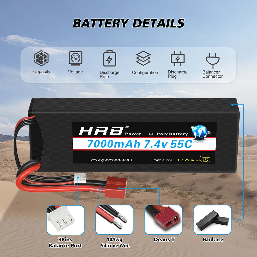1/2PCS HRB Lipo Battery 2S 7.4V 6000mah 7000mah 55C 60C T RC Parts T Deans Hardcase Car Truck Airplane Boat 1/10