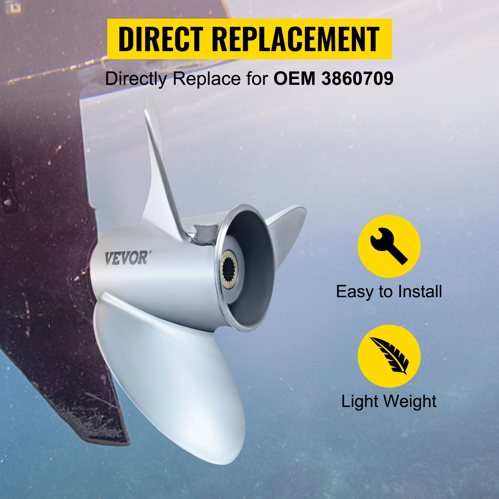 SucceBuy Outboard Propeller 3-Blade 14.5"x21" Boat Replace for OEM 3860709 Right-handed Steel Propeller Steel & 19 Spline Teeth
