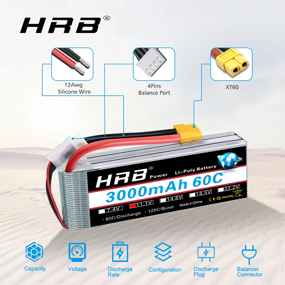 1/2PCS HRB 3S Lipo Battery 11.1v 3000mah RC Lipo with XT60 Connector 60C for RC Car Truck Airplane Drones DIY Racing Parts
