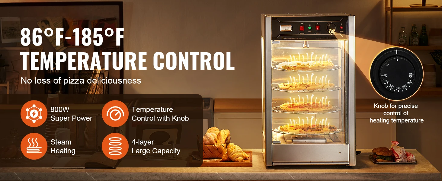 SucceBuy Commercial Food Warmer Display 4-Tier Pizza Warmer with Rotary Steam Heating 86℉~185℉ Temperature Control and Display