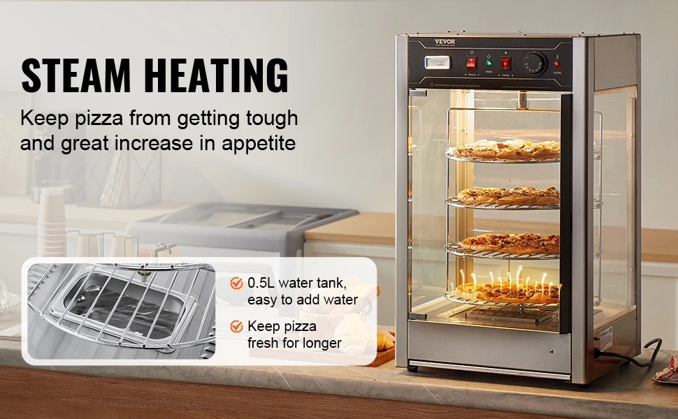 SucceBuy Commercial Food Warmer Display 4-Tier Pizza Warmer with Rotary Steam Heating 86℉~185℉ Temperature Control and Display