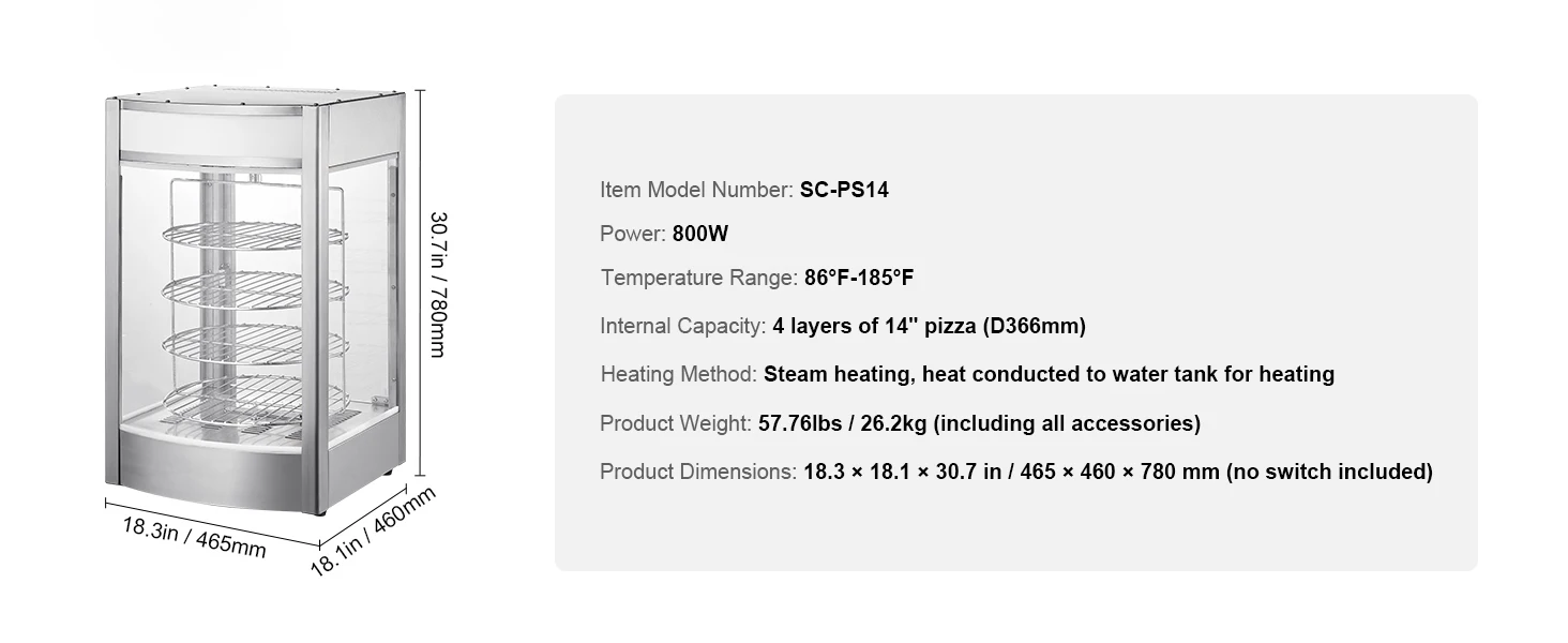 SucceBuy Commercial Food Warmer Display 4-Tier Pizza Warmer with Rotary Steam Heating 86℉~185℉ Temperature Control and Display