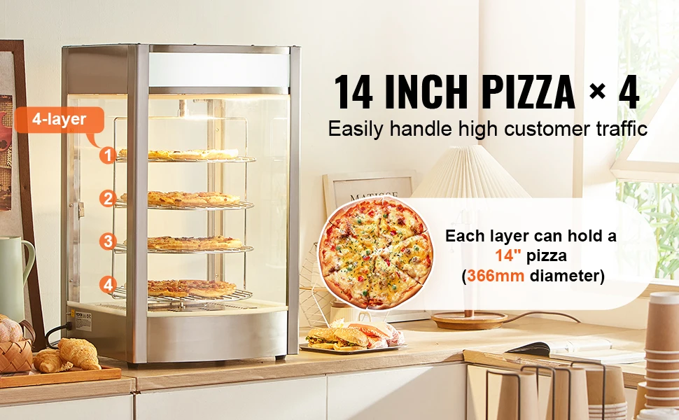 SucceBuy Commercial Food Warmer Display 4-Tier Pizza Warmer with Rotary Steam Heating 86℉~185℉ Temperature Control and Display