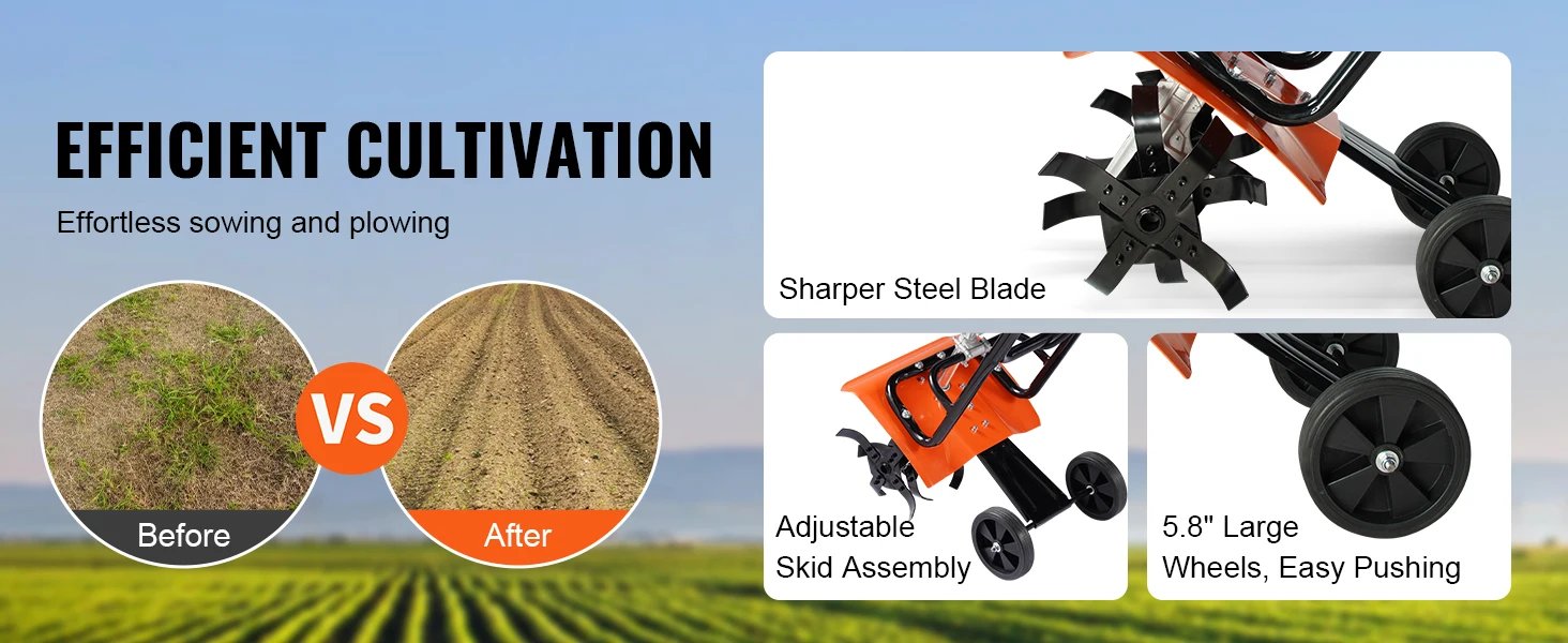 SucceBuy Tiller Cultivator Gas Powered 38CC Garden 4 Steel Adjustable Front Tines For Lawn Garden and Field Soil Cultivation