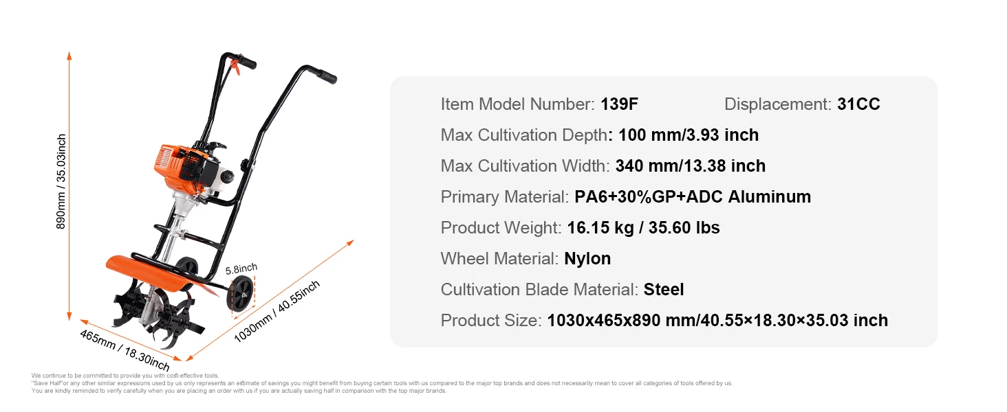 SucceBuy Tiller Cultivator Gas Powered 38CC Garden 4 Steel Adjustable Front Tines For Lawn Garden and Field Soil Cultivation