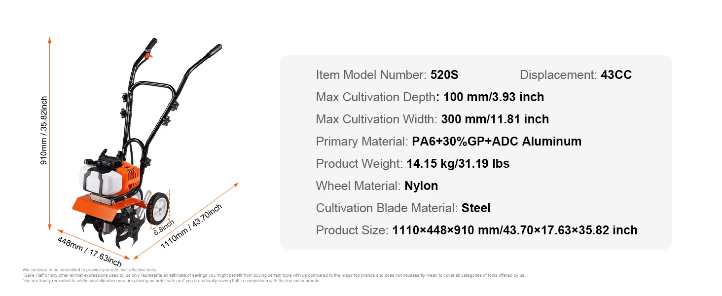 SucceBuy Tiller Cultivator Gas Powered 38CC Garden 4 Steel Adjustable Front Tines For Lawn Garden and Field Soil Cultivation