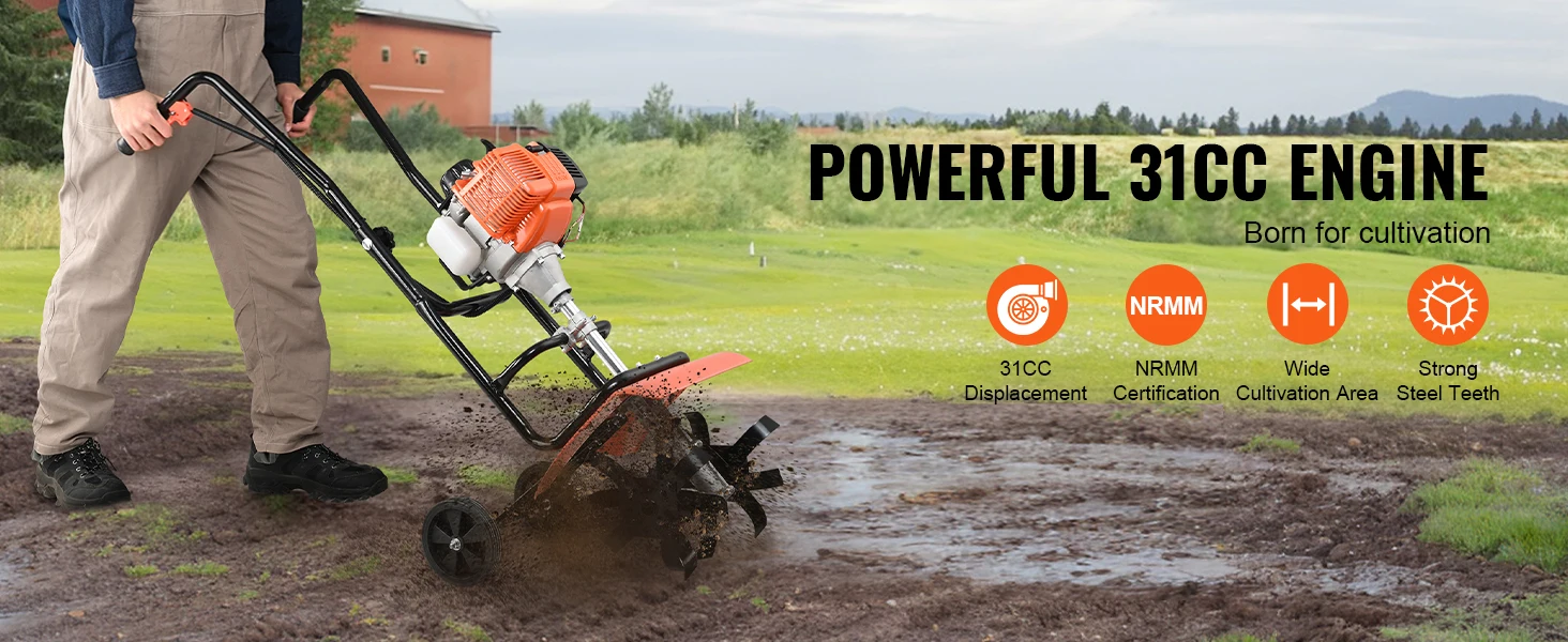 SucceBuy Tiller Cultivator Gas Powered 38CC Garden 4 Steel Adjustable Front Tines For Lawn Garden and Field Soil Cultivation
