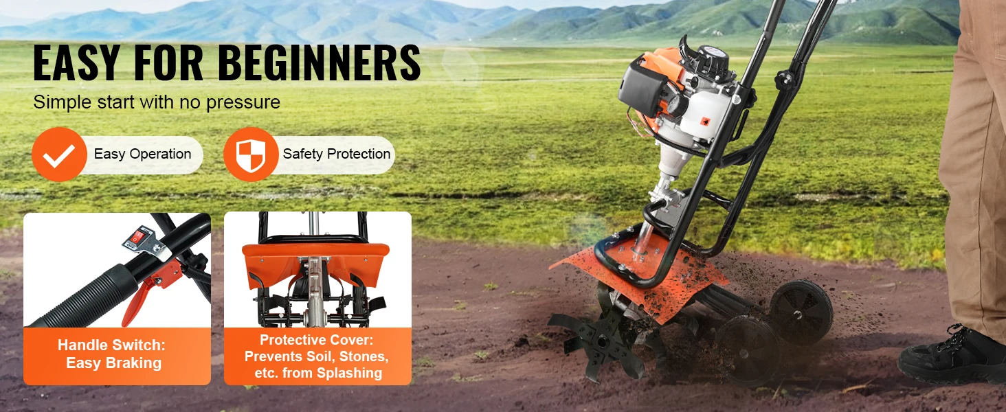 SucceBuy Tiller Cultivator Gas Powered 38CC Garden 4 Steel Adjustable Front Tines For Lawn Garden and Field Soil Cultivation