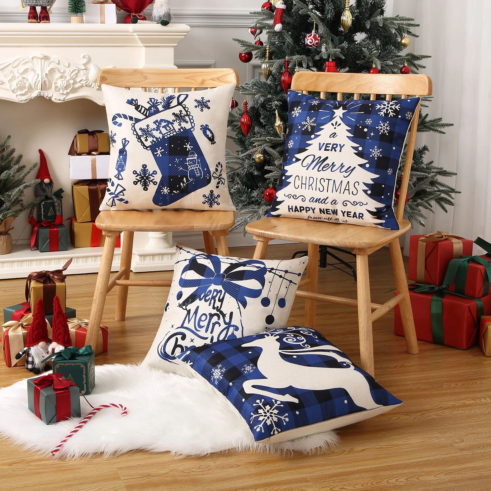 Christmas Pillow Covers 45x45cm Farmhouse Plaid Christmas Tree Sock Bell Throw Pillow Covers Xmas Decorations Cushion Case