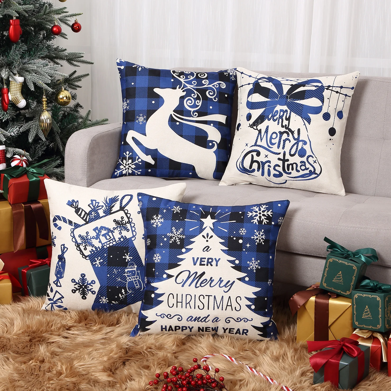 Christmas Pillow Covers 45x45cm Farmhouse Plaid Christmas Tree Sock Bell Throw Pillow Covers Xmas Decorations Cushion Case