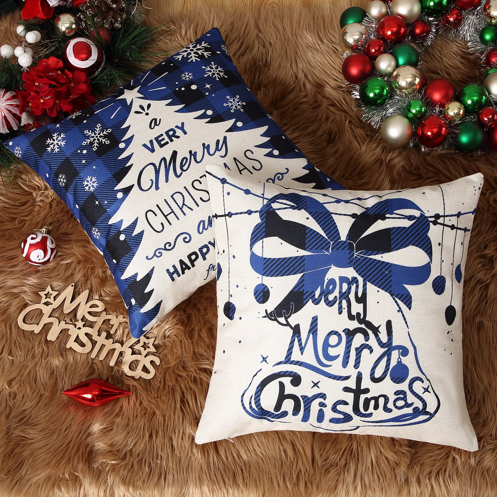 Christmas Pillow Covers 45x45cm Farmhouse Plaid Christmas Tree Sock Bell Throw Pillow Covers Xmas Decorations Cushion Case