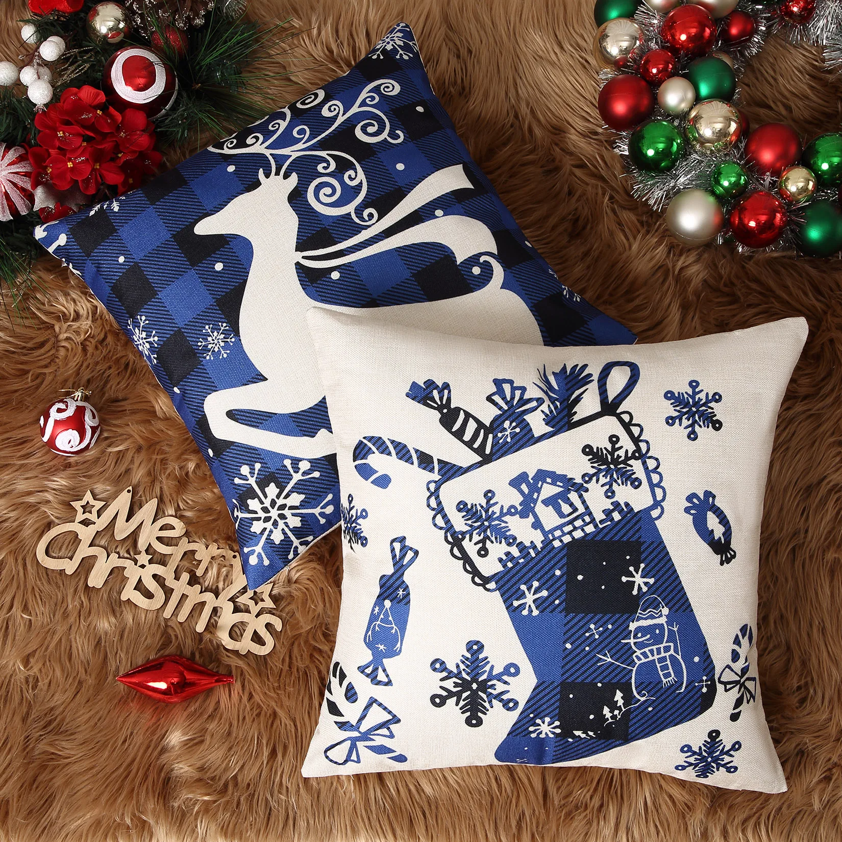 Christmas Pillow Covers 45x45cm Farmhouse Plaid Christmas Tree Sock Bell Throw Pillow Covers Xmas Decorations Cushion Case