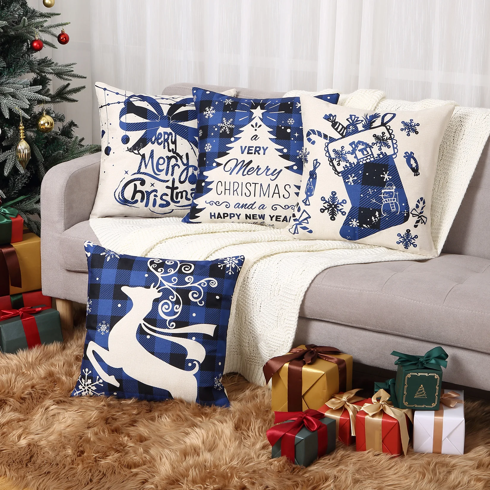 Christmas Pillow Covers 45x45cm Farmhouse Plaid Christmas Tree Sock Bell Throw Pillow Covers Xmas Decorations Cushion Case