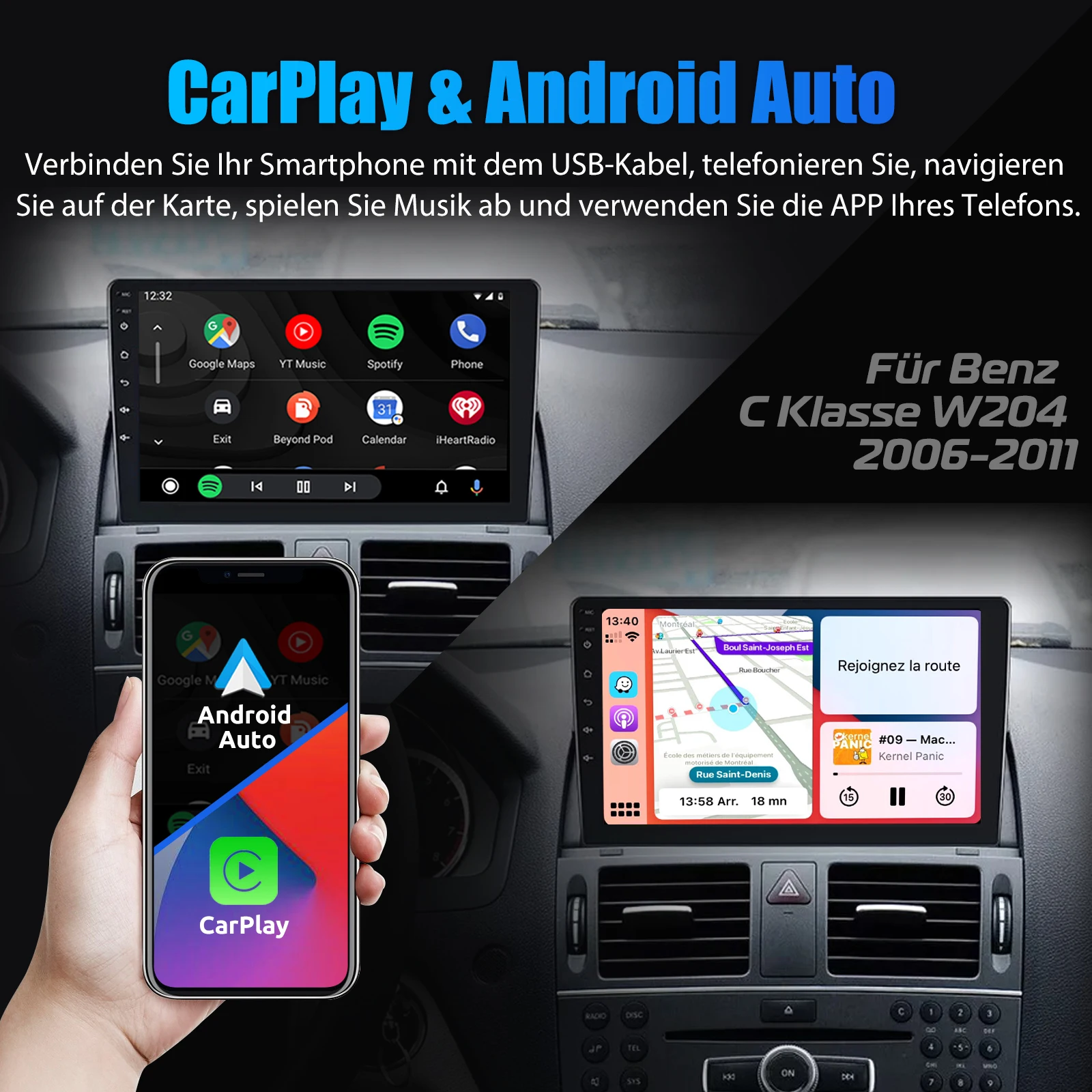 ESSGOO 2 DIN Wireless Carplay 9" Car Radio For Benz C-class W204 2006-11 GPS Navigation Android 13 64G Wifi FM Multimedia Player