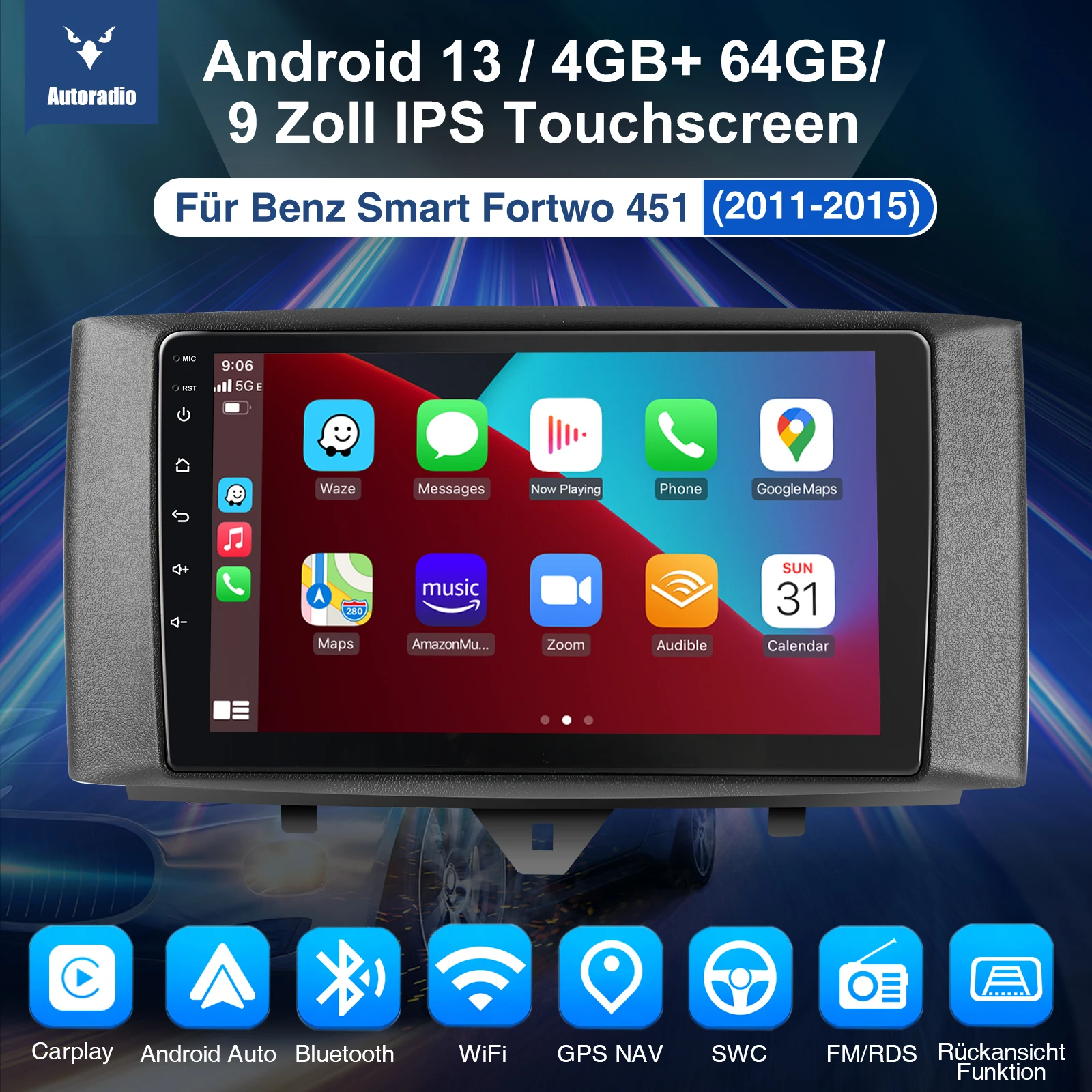ESSGOO 9" Android 13 Car Stereo Radio Carplay GPS Navi BT RDS For Mercedes Benz Smart Fortwo 451 2011-15 Multimedia Video Player