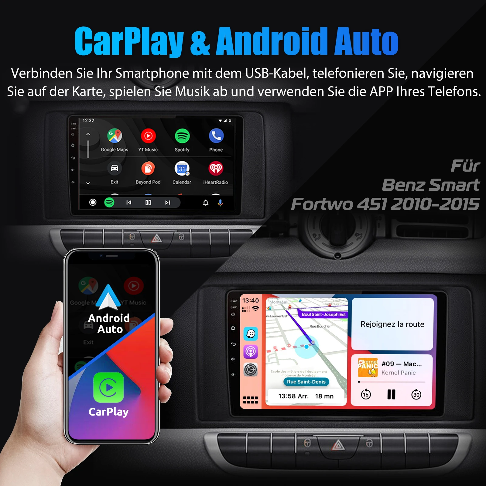 ESSGOO 9" Android 13 Car Stereo Radio Carplay GPS Navi BT RDS For Mercedes Benz Smart Fortwo 451 2011-15 Multimedia Video Player