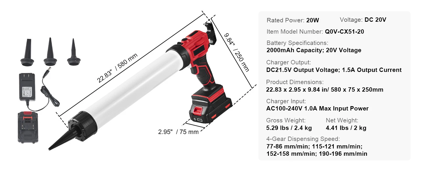 SucceBuy Cordless Caulking Gun 20oz/600ml 20V Electric Sausage Caulking Gun with 4 Adjustable Speeds Anti-Drip Battery Powered