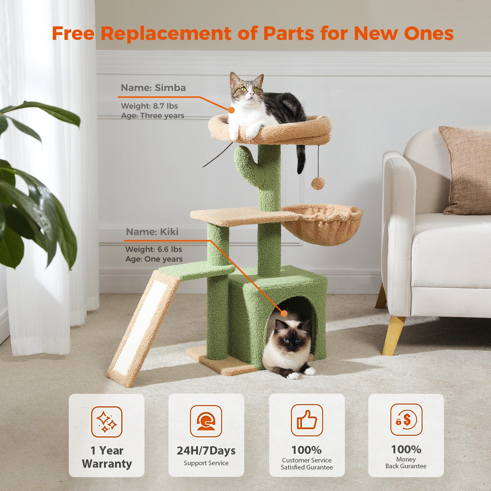 Cactus Cat Tree for Indoor Cats Small Cat Tower Cat Condo with Sisal Scratching Ramp, Cozy Hammock and Removable Top Bed Perch