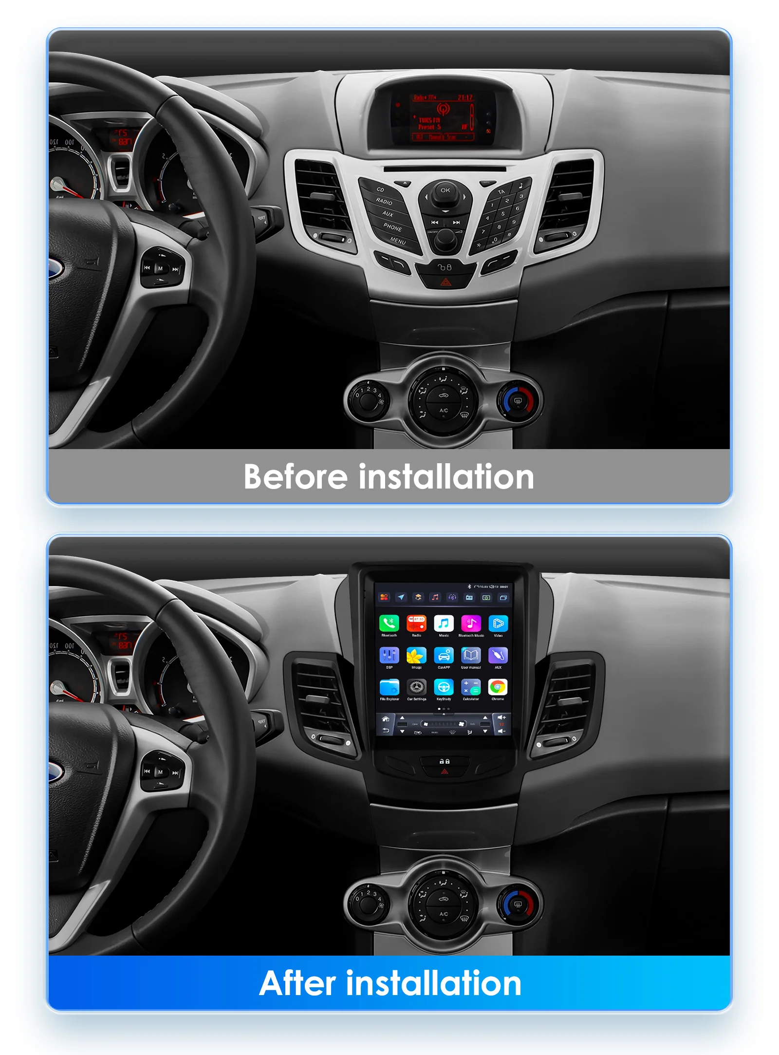 OSSURET 9.7inch 2 DIN Android 13 Car Radio for Ford Fiesta 2009-2017 Multimedia Stereo Vertical Screen Carplay Panoramic Camera