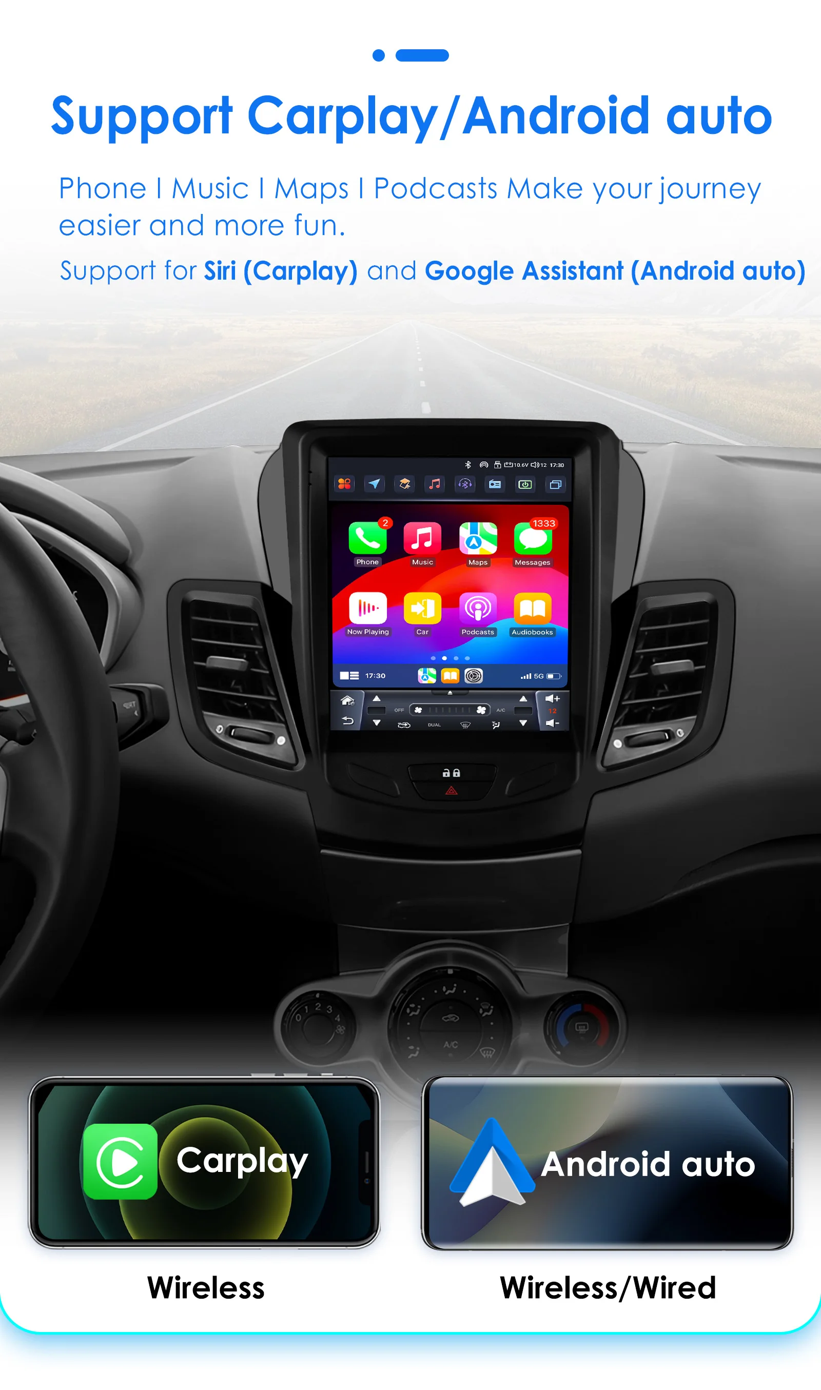 OSSURET 9.7inch 2 DIN Android 13 Car Radio for Ford Fiesta 2009-2017 Multimedia Stereo Vertical Screen Carplay Panoramic Camera