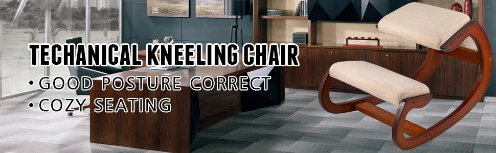 SucceBuy Ergonomic Rocking Wooden Kneeling Chair Correct Posture Computer Chair Original Home Office Furniture Thick Cushion